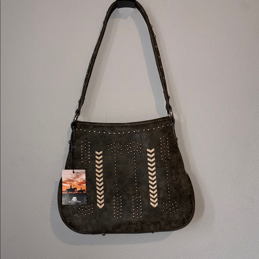 Women’s American Bling Grey Suede Leather Studded Shoulder Bag